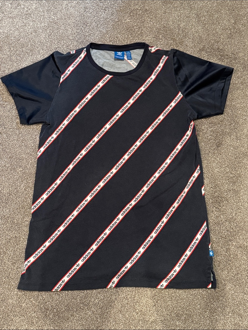 adidas Black Tee with Red and White Diagonal Logo Tape